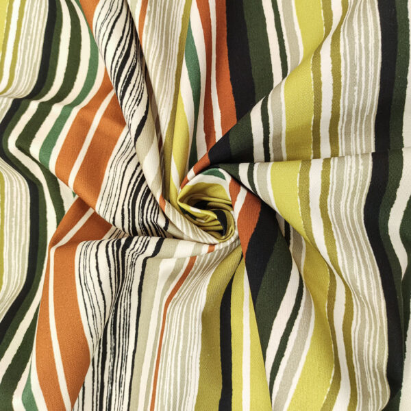 Tessuto Gabardine di Cotone a fantasia motivo rigato verde acido - mattone - nero