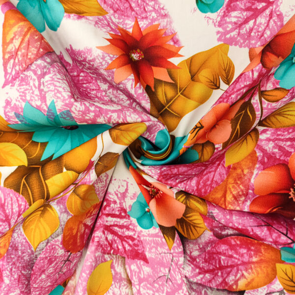 Tessuto Gabardine di Cotone a fantasia motivo floreale fucsia - turchese - corallo