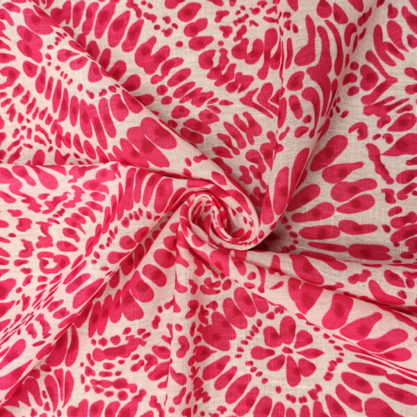 Tessuto Garza di lino a fantasia motivo astratto bianco - fucsia