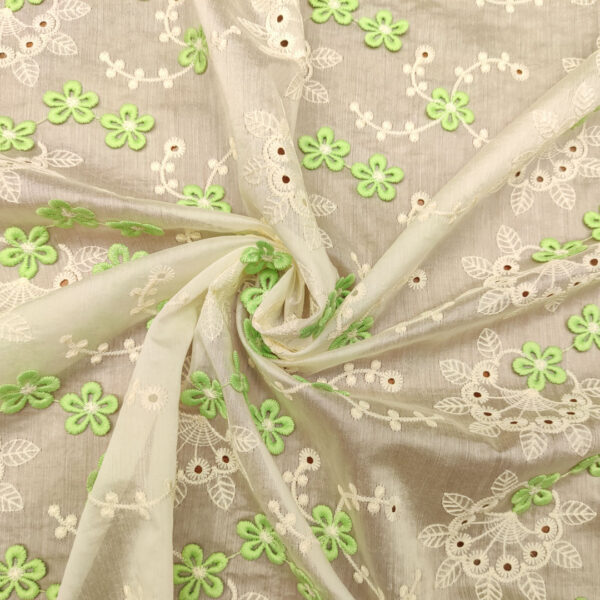 Tessuto Garza di viscosa ricamato motivo floreale panna - verde