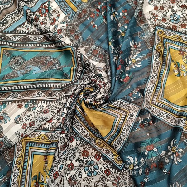 Tessuto Georgette a fantasia con filo lurex motivo floreale cashmere verde bottiglia - senape - bianco