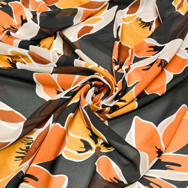 Tessuto Georgette a fantasia motivo floreale verde - ocra - beige