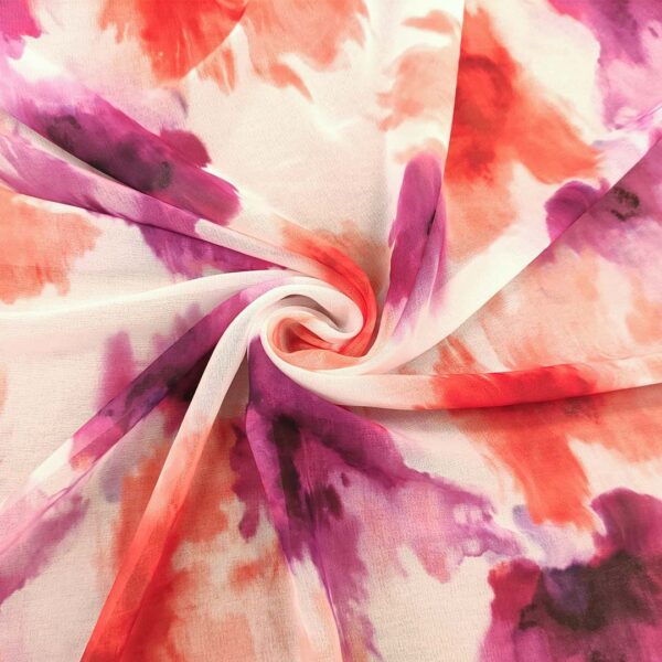 Tessuto Georgette a fantasia motivo astratto bianco -  Arancio - Fucsia