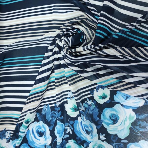 Tessuto Georgette a fantasia motivo astratto blu - celeste - bianco