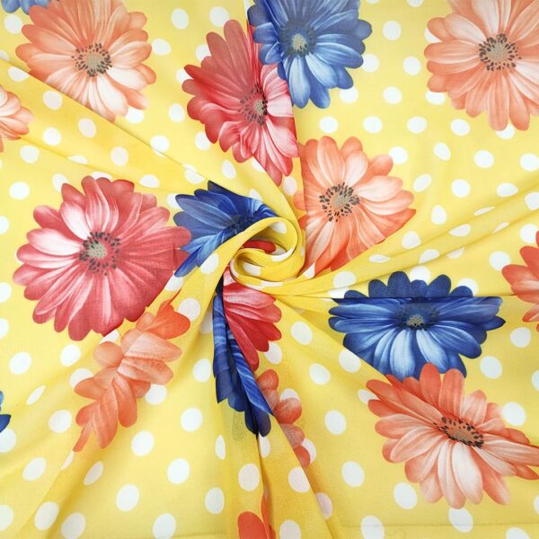 Tessuto Georgette a fantasia motivo astratto bluette - rosso - giallo