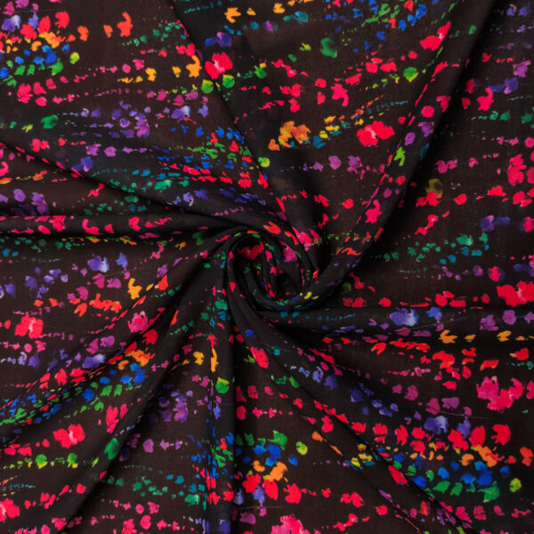 Tessuto Georgette a fantasia motivo astratto nero - fucsia - verde