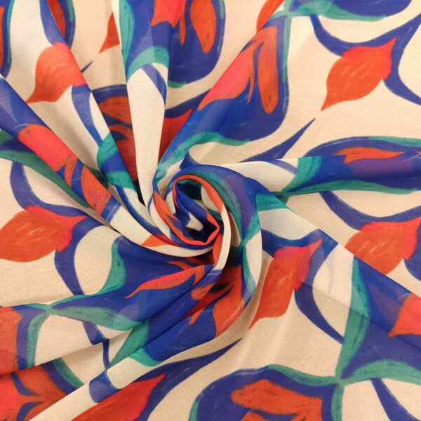 Tessuto Georgette a fantasia motivo astratto panna - blu elettrico - arancio