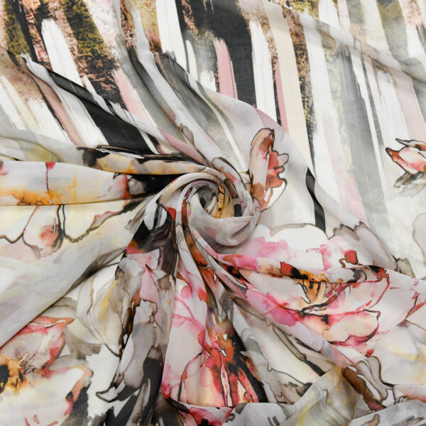 Tessuto Georgette a fantasia motivo astratto panna - rosa - corallo