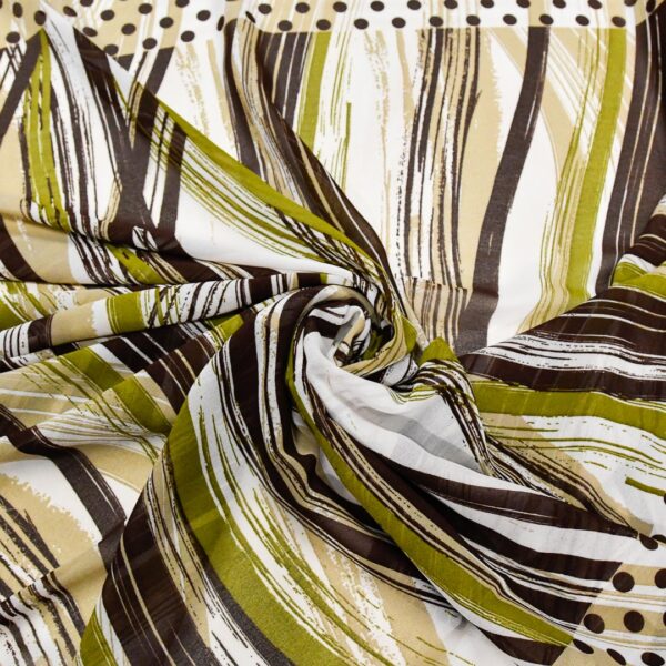 Tessuto Georgette a fantasia motivo astratto verde - panna - marrone