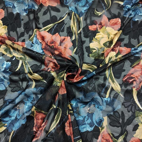 Tessuto Georgette a fantasia motivo floreale aragosta - ocra - nero - azzurro