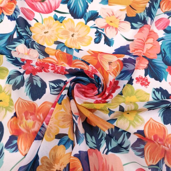 Tessuto Georgette a fantasia motivo floreale bianco - blu navy - arancione