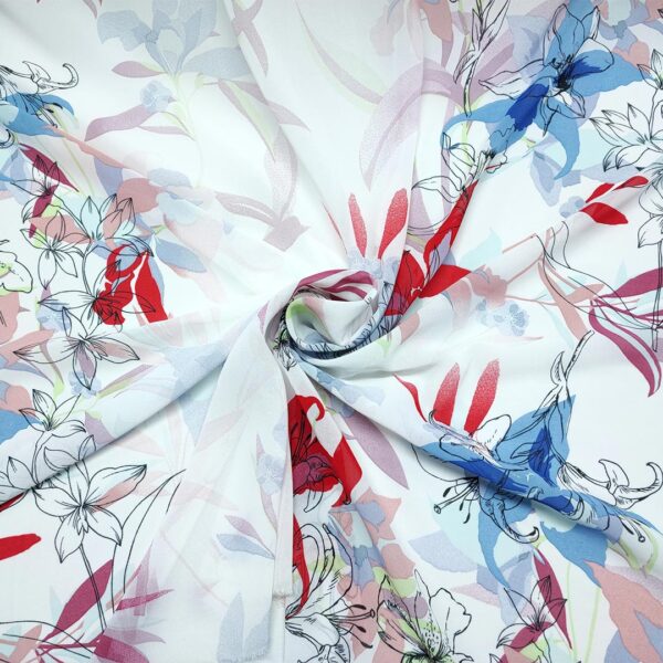 Tessuto Georgette a fantasia motivo floreale bianco - rosso - azzurro