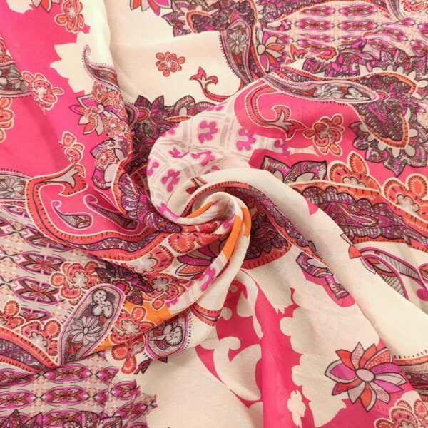 Tessuto Georgette a fantasia motivo floreale cashmere bianco - arancio - fucsia