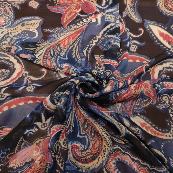 Tessuto Georgette a fantasia motivo floreale cashmere blu - bordeaux - carta da zucchero - beige