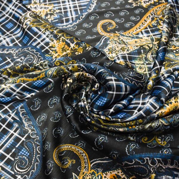 Tessuto Georgette a fantasia motivo floreale cashmere nero - blu - giallo