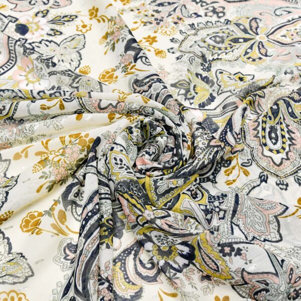 Tessuto Georgette a fantasia motivo floreale cashmere panna - verde