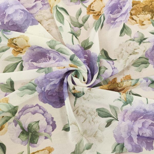 Tessuto Georgette a fantasia motivo floreale eucalipto - lilla - salvia