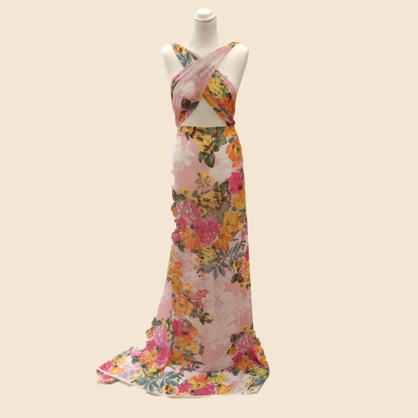 Tessuto Georgette a fantasia motivo floreale fucsia - arancione - rosa