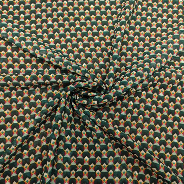 Tessuto Georgette a fantasia motivo geometrico verde bottiglia - verde salvia - magenta - arancione