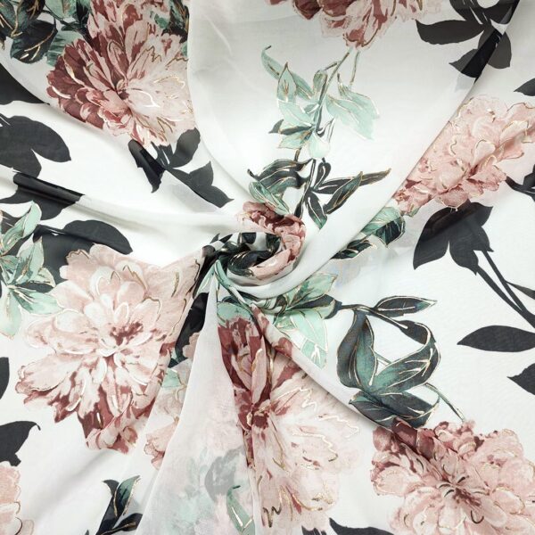 Tessuto Georgette lurex a fantasia motivo floreale oro - verde salvia - bianco - rosa