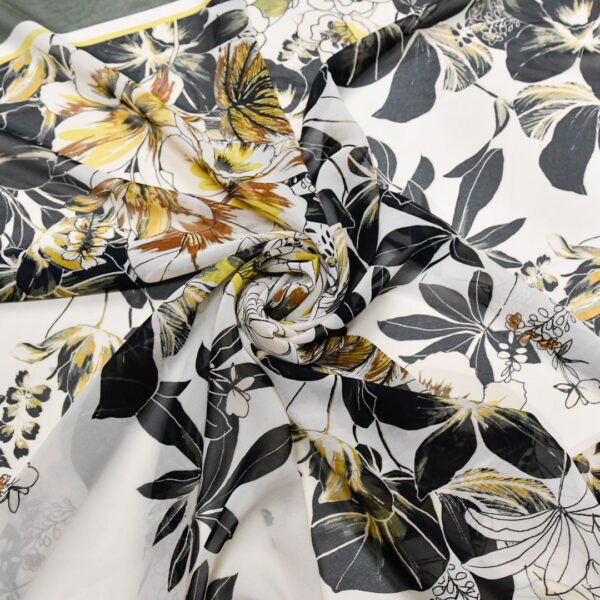 Tessuto Georgette a fantasia motivo floreale nero - beige - verde