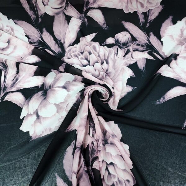 Tessuto Georgette a fantasia motivo floreale nero - rosa chiaro