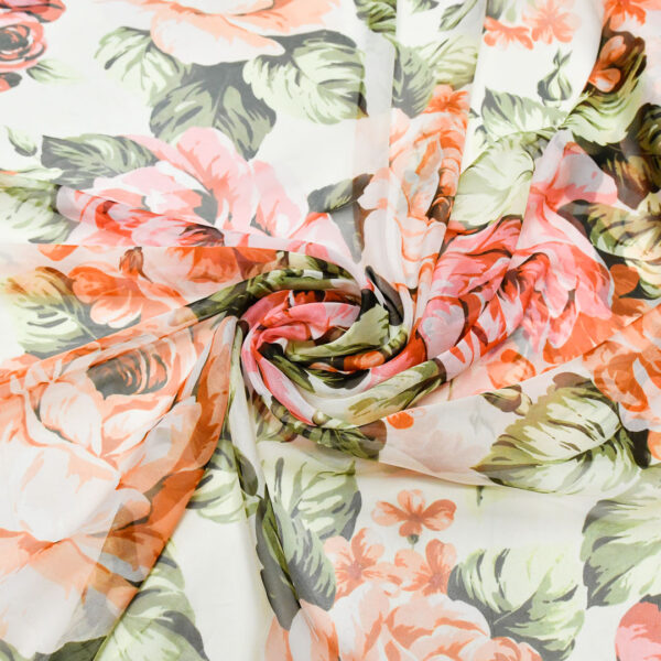 Tessuto Georgette a fantasia motivo floreale panna - arancione - verde