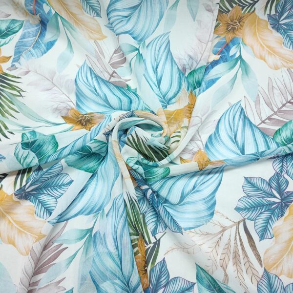 Tessuto Georgette a fantasia motivo floreale panna - ocra - verde tiffany