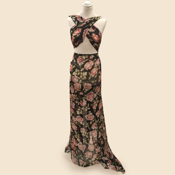 Tessuto Georgette a fantasia motivo floreale nero - rosa - verde