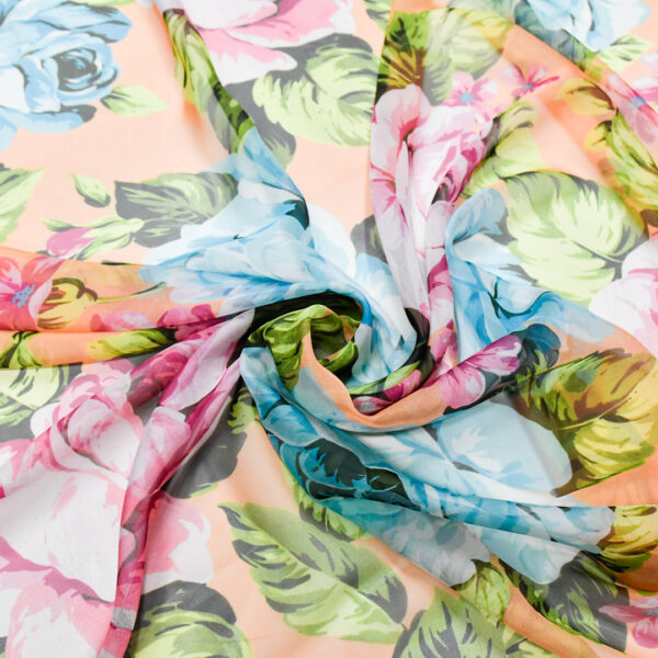 Tessuto Georgette a fantasia motivo rosa - fucsia - turchese