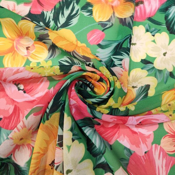 Tessuto Georgette a fantasia motivo floreale verde - giallo - fucsia
