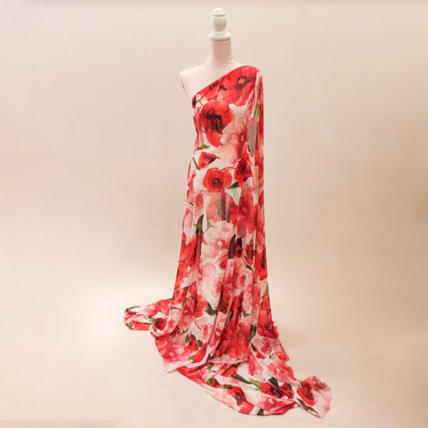 Tessuto Georgette a fantasia motivo floreale bianco - rosso - verde