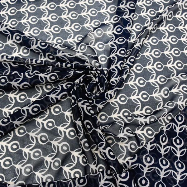 Tessuto Georgette a fantasia motivo geometrico panna - blu notte