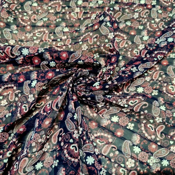 Tessuto Georgette Plissè a fantasia motivo floreale cashmere blu - amaranto