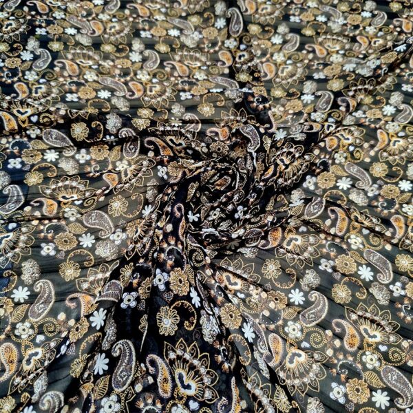 Tessuto Georgette Plissè a fantasia motivo floreale cashmere nero - ocra - bianco