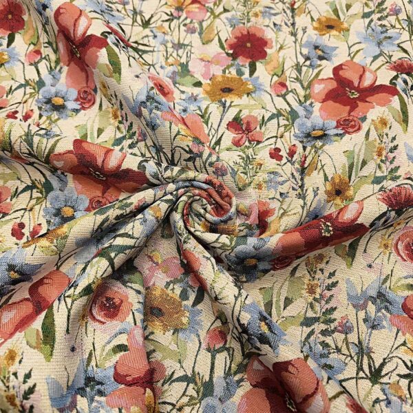 Tessuto per arredo Gobelin a fantasia motivo floreale beige - azzurro - rosso - verde