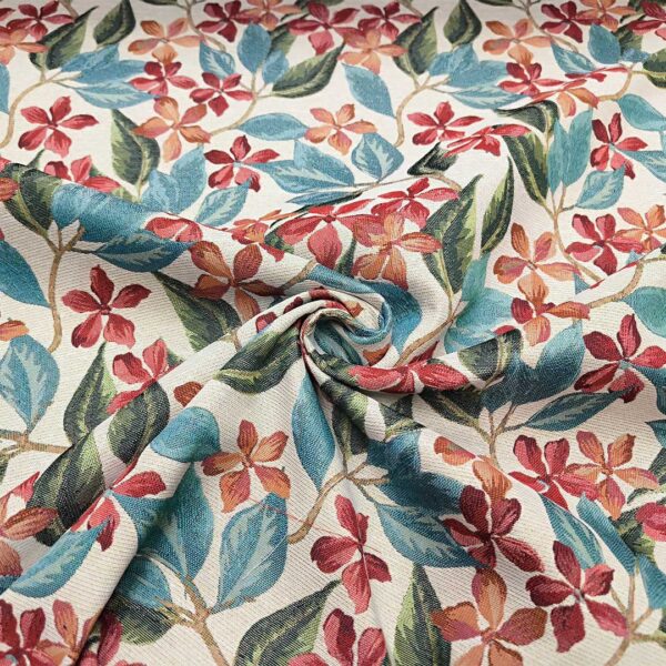 Tessuto per arredo Gobelin a fantasia motivo floreale beige - turchese - verde - rosso