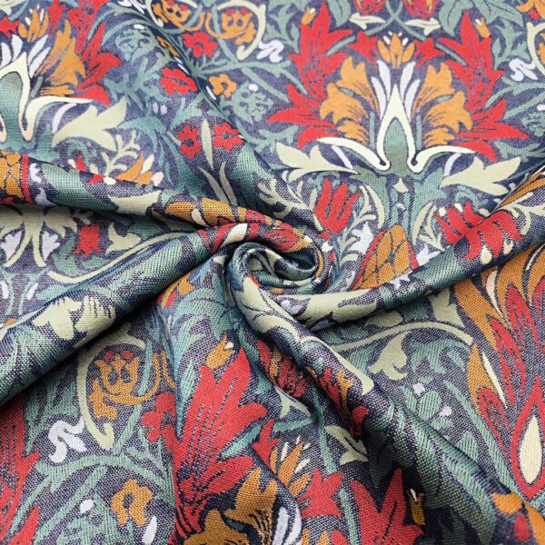 Tessuto per arredo Gobelin a fantasia motivo floreale blu petrolio - arancio - rosso