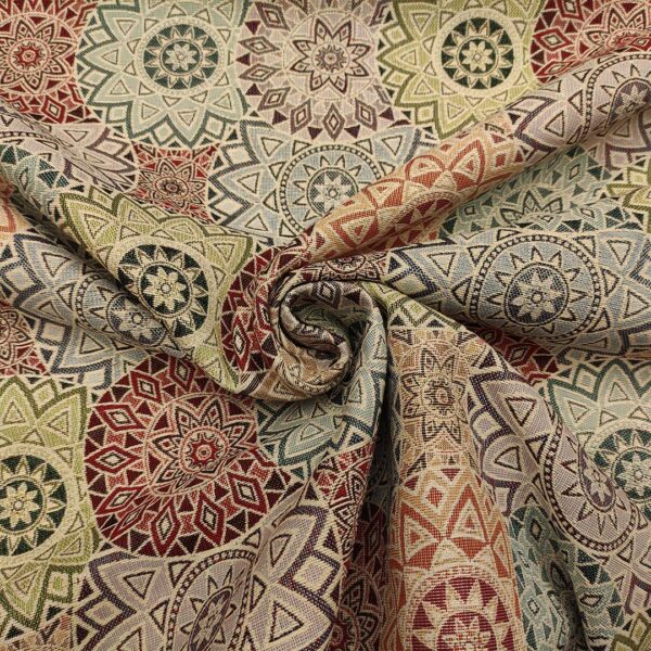 Tessuto per arredo Gobelin a fantasia motivo etnico rosso - beige - verde - tortora - blu
