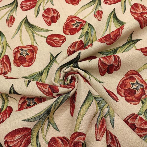 Tessuto per arredo Gobelin a fantasia motivo floreale beige - verde - rosso