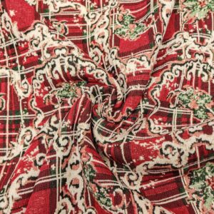 Tessuto per arredo Gobelin natalizio mano ciniglia lurex motivo tartan rosso - bordeaux - verde - bianco - argento