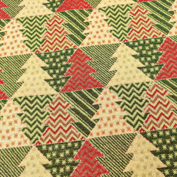 Tessuto per arredo Gobelin natalizio lurex motivo alberi di natale beige - oro - verde - rosso