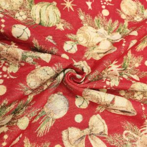Tessuto per arredo Gobelin natalizio lurex motivo campane rosso - oro - beige - verde