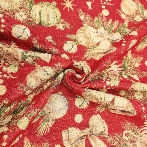 Tessuto per arredo Gobelin natalizio lurex motivo campane rosso - oro - beige - verde