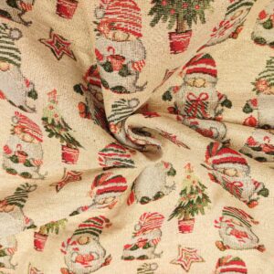 Tessuto per arredo Gobelin natalizio lurex motivo gnomi beige - oro - rosso - verde