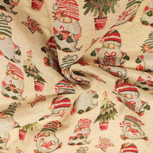 Tessuto per arredo Gobelin natalizio lurex motivo gnomi beige - oro - rosso - verde
