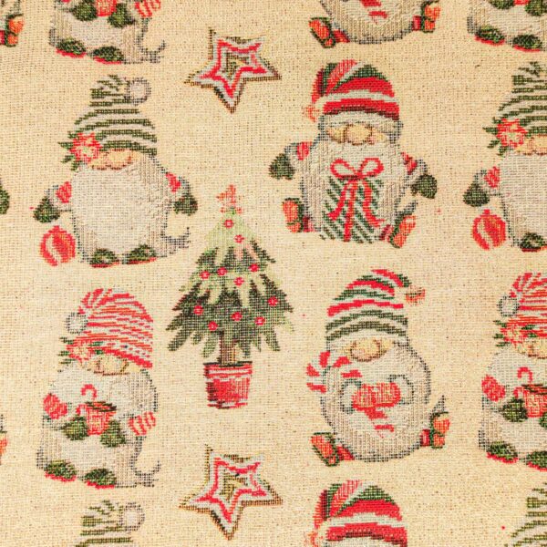 Tessuto per arredo Gobelin natalizio lurex motivo gnomi beige - oro - rosso - verde