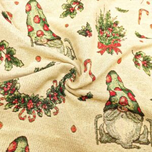 Tessuto per arredo Gobelin natalizio lurex motivo gnomi e ghirlande beige - oro - rosso - verde