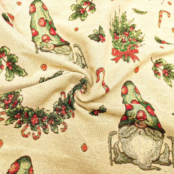 Tessuto per arredo Gobelin natalizio lurex motivo gnomi e ghirlande beige - oro - rosso - verde