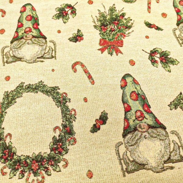 Tessuto per arredo Gobelin natalizio lurex motivo gnomi e ghirlande beige - oro - rosso - verde